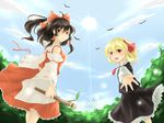  ahoge black_hair blonde_hair blue_sky bow butterfly_net cloud day detached_sleeves foreshortening hair_bow hair_ribbon hair_tubes hakurei_reimu hand_net highres long_hair looking_at_viewer multiple_girls nyula_xiaola outstretched_hand ponytail red_eyes ribbon rumia short_hair sky smile touhou 