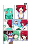  &gt;_&lt; ^_^ ahoge between_breasts boat breast_smother breasts bulbasaur cleavage closed_eyes comic duskull from_behind gen_1_pokemon gen_3_pokemon green_hair hair_bobbles hair_ornament highres hug kazami_yuuka large_breasts mattari_yufi multiple_girls onozuka_komachi open_mouth orange_eyes pokemon pokemon_(creature) purple_eyes red_eyes red_hair silent_comic smile sweatdrop touhou translated two_side_up watercraft waving 