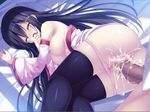  1girl aftersex bare_shoulders bed black_hair breasts censored cum detached_sleeves erect_nipples eyes_closed from_behind girl hair_ornament hairclip hand_to_own_mouth hetero huge_penis kotone_(zettai_saikyou_oppai_sensou) long_hair nipples open_mouth panties panty_pull penis red_eyes sex softhouse_seal spooning tears thighhighs underwear vaginal zettai_saikyou_oppai_sensou 