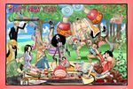  2013 3girls black_hair blonde_hair blue_hair boa_hancock border brook eating food franky green_hair hat kyo_(pixiv2376063) meat monkey_d_luffy multiple_boys nami new_year nico_robin one_piece orange_hair outdoors reindeer roronoa_zoro salome_(one_piece) sanji skeleton snake straw_hat tony_tony_chopper usopp 