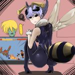  antennae ass bad_id bad_pixiv_id bee_girl blue_hair blush guilty_gear high_heels highleg highleg_leotard highres insect_girl insect_wings konoshita_kiyomasa leotard looking_back monster_girl pantyhose playing_games potemkin_(guilty_gear) q-bee robo-ky shoes short_hair skin_tight sleeveless sol_badguy thong_leotard vampire_(game) video_game wings 