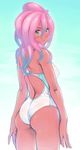  ass back bare_shoulders bubuzuke green_eyes long_fingers looking_at_viewer looking_back monster_girl octopus one-piece_swimsuit original solo swimsuit tan 