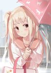  badge bag bangs blonde_hair blush brown_eyes button_badge cat eyebrows_visible_through_hair kinugasa_yuuichi long_hair long_sleeves looking_at_viewer one_side_up original outdoors rain school_uniform serafuku solo umbrella 