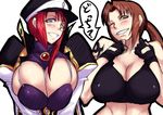  bare_shoulders black_lagoon blush breast_squeeze breasts brown_eyes brown_hair crossover fingerless_gloves forte_stollen galaxy_angel gloves grin hat huge_breasts monocle multiple_girls one_eye_closed red_hair revy_(black_lagoon) sawao smile translation_request 