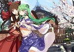  adapted_costume architecture blue_sky bow bracelet brown_eyes brown_hair building cherry_blossoms choker day detached_sleeves east_asian_architecture frog_hair_ornament green_hair groin hair_bow hair_ornament hair_tubes hakurei_reimu heart heart_hands heart_hands_duo jewelry kochiya_sanae long_hair long_sleeves looking_at_viewer mary_janes midriff multiple_girls navel open_mouth pendant samail shirt shoes shrine skirt sky smile snake_hair_ornament stone_lantern touhou tree wide_sleeves yellow_eyes 
