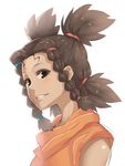  braid brown_eyes brown_hair dark_skin grin hiroya_juuren looking_at_viewer moonbay quad_tails simple_background smile solo twin_braids upper_body white_background zoids zoids_chaotic_century 