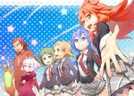  5girls :d amou_kanade blue_eyes blue_hair brown_hair closed_eyes detached_sleeves foreshortening green_eyes green_hair hair_between_eyes holding_hands kazanari_genjuurou kazanari_tsubasa kohinata_miku lavender_hair long_hair looking_at_viewer lydian_academy_uniform multiple_girls noise_(symphogear) open_mouth orange_eyes outstretched_hand petting polka_dot polka_dot_background purple_eyes reaching red_hair school_uniform senki_zesshou_symphogear smile star tachibana_hibiki_(symphogear) touyama_sabu very_long_hair what_if yukine_chris 