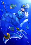  blue_eyes elbow_gloves fish gloves helmet mermaid monster_girl polearm robot rockman rockman_(classic) rockman_9 smile splash_woman trident underwater weapon 