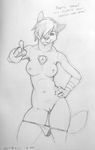  arc_reactor breasts canine english_text female fleki_(character) hair_over_eye looking_at_viewer mammal nude panties pointing pussy sketch solo text underwear wolf wolfy-nail 
