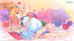  aizawa_hikaru arm_up barefoot blonde_hair blue_eyes feet heart heart_pillow highres knitting_needle long_hair microsoft needle open_mouth os-tan pajamas pillow red_string shinia silverlight soles solo string twintails wallpaper yarn yarn_ball 