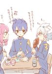  blue_hair eating fusion gakuran hair_ornament hakuryuu_(inazuma_eleven) inazuma_eleven_(series) inazuma_eleven_go inazuma_eleven_go_chrono_stone kirino_ranmaru male_focus matsukaze_tenma multicolored_hair multiple_boys pink_hair school_uniform shuu_(inazuma_eleven) sitting tobi_(one) translation_request tsurugi_kyousuke two-tone_hair 