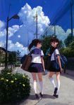  bag black_hair blue_skirt blue_sky book brown_eyes brown_hair bush cloud day flower highres kishida_mel kneehighs kneepits loafers long_hair looking_back low_twintails manhole multiple_girls original perspective pleated_skirt ponytail power_lines ramune road scan school_bag school_uniform serafuku shoes shopping_bag shoulder_bag skirt sky street telephone_pole tree twintails walking white_legwear 