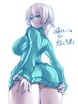  ass breasts green_eyes large_breasts long_hair naked_sweater original ribbed_sweater simple_background solo sweater thighs tokita_monta translation_request white_background white_hair 