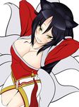  ahri animal_ears black_hair blush breasts cleavage detached_sleeves facial_mark fox_ears fox_tail from_above grin highres kurarika large_breasts league_of_legends long_hair low_neckline multiple_tails smile solo tail whisker_markings white_background yellow_eyes 