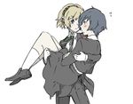  1girl :&lt; aegis_(persona) ai-wa android blonde_hair blue_eyes blue_hair carrying cosplay costume_switch crossdressing headphones loafers persona persona_3 princess_carry school_uniform shoes short_hair skirt yuuki_makoto 