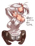  adjusting_hair ass bare_shoulders breasts large_breasts looking_back nape off_shoulder original panties panties_under_pantyhose pantyhose red_eyes ribbed_sweater short_hair sitting solo striped striped_panties sweater tokita_monta translation_request underwear wariza white_background white_hair 