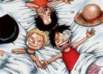  3boys bed_sheet black_hair blonde_hair brother brothers child chuu_(tyuunyuu) east_blue hat headwear_removed male male_focus monkey_d_luffy multiple_boys one_piece portgas_d_ace sabo_(one_piece) sheets shueisha siblings sleeping straw_hat young younger 