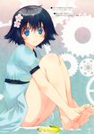  :3 banana bare_legs barefoot black_hair blue_dress blue_eyes dorsiflexion dress feet flower food fruit hair_flower hair_ornament highres holding_own_foot looking_at_viewer masturbation mitsumi_misato no_panties pussy_juice scan shiina_mayuri short_hair sitting smile soles solo steins;gate toes 