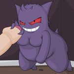  breasts chubby disembodied_penis duo female fingering gengar glans grin handjob human humanoid_penis interspecies kneeling male nintendo penis pok&#233;mon pok&#233;philia pok&eacute;mon pok&eacute;philia precum pussy_juice red_eyes smile source_request trapmagius uncut vaginal vaginal_fingering video_games 