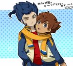  blue_hair brown_hair inazuma_eleven_(series) inazuma_eleven_go male_focus matsukaze_tenma mizuhara_aki multiple_boys open_mouth scarf translation_request tsurugi_kyousuke upper_body 