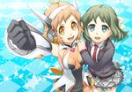  arm_around_waist armor bare_shoulders bodysuit brown_hair checkered checkered_background copyright_name fist_pump gauntlets green_eyes green_hair headphones high_collar kohinata_miku lydian_academy_uniform magical_girl multiple_girls orange_eyes school_uniform senki_zesshou_symphogear star tachibana_hibiki_(symphogear) touyama_sabu yuri 