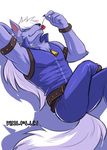  anthro armpits belt biceps blue_eyes bracelet canine cherry clothing drks fruit hair hand_behind_head jewelry licking looking_at_viewer male mammal muscles pants pecs plain_background reclining shirt sitting smile_pretty_cure solo suggestive tongue tongue_out trousers vest white_hair wolf wolfrun zipper 