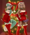  2018 anthro balls bell blue_eyes blue_fur blush breasts bulge canine caprine christmas christmas_tree clothed clothing collar crossdressing dickgirl dipstick_tail dog duo embarrassed f-ss fox fur fur_markings garter_belt garter_straps goat grin hat holidays hybrid intersex legwear male mammal markings multicolored_tail penis penis_outline purple_eyes purple_penis ribbons roflfox sally_hazel santa_hat smile thigh_highs tree white_fur 