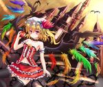  adapted_costume alternate_wings apple arm_garter bat black_legwear blonde_hair bow breasts cleavage collarbone corset feathers flandre_scarlet food fruit hat hat_ribbon midriff navel plant red_eyes ribbon shirt side_ponytail skirt skirt_set small_breasts solo sumapan thighhighs touhou vines wings zettai_ryouiki 