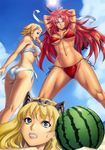  3girls abs absurdres armpits arms_up ass athletic bikini blonde_hair blue_eyes braid breasts cleavage clenched_teeth earrings eiwa elina erect_nipples food fruit grin hairband headband highres huge_ass jewelry large_breasts leina long_hair mace multiple_girls muscle purple_eyes queen&#039;s_blade queen's_blade red_hair risty sand short_hair side-tie_bikini smile sweat swimsuit teeth toned twin_braids twintails underboob watermelon weapon worried 