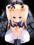  1girl abigail_williams_(fate/grand_order) arms_up ball_gag bangs bdsm black_bow blonde_hair blue_eyes blush bondage bound bound_wrists bow breasts brick_wall chains fate/grand_order fate_(series) forehead gag hair_bow highres long_hair looking_at_viewer navel nipples orange_bow parted_bangs polka_dot polka_dot_bow restrained small_breasts solo spread_legs stake tearing_up topless white_bloomers zamudelin 