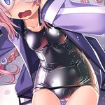  blush braid close-up freckles glasses hair_ornament highres jacket long_hair one-piece_swimsuit open_clothes open_jacket open_mouth original outstretched_arms sakuya_tsuitachi school_swimsuit shiny shiny_clothes shiny_swimsuit skindentation solo swimsuit track_jacket wet wet_clothes 