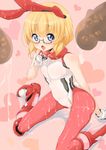  1girl adele_balfetto animal_ears blonde_hair blue_eyes bodysuit bunny_ears cum cum_in_mouth cum_on_body cum_on_glasses cum_on_lower_body cum_on_thigh cumdrip female glasses gloves kyoukai_senjou_no_horizon kyoukaisenjou_no_horizon neyonsan penis pink_legwear solo uncensored 