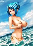  bikini blue_hair breasts cloud covering covering_breasts day embarrassed erkaz highres large_breasts ocean original pink_eyes ponytail rina_atherina short_hair side-tie_bikini sky solo swimsuit topless water wavy_mouth wet 