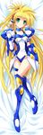  armor blonde_hair blue_footwear blue_leotard boots dakimakura endori full_body ginga_ojou-sama_densetsu_yuna gloves greaves green_eyes highres kagurazaka_yuna knee_boots leotard long_hair mecha_musume smile solo white_leotard 