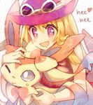  1girl artist_request bare_shoulders blonde_hair female_protagonist_(pokemon_xy) goggles hat ninfia pokemon pokemon_(game) pokemon_xy saliva serena_(pokemon) sylveon 