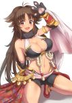  1girl :d anklet antenna_hair arm_up armpit_crease bangs bare_legs bare_shoulders black_shorts blush breasts brown_eyes brown_hair cape cleavage dargo eyebrows_visible_through_hair fang groin jewelry kyan_kaori long_hair looking_at_viewer medium_breasts midriff navel open_mouth paws princess_connect! princess_connect!_re:dive red_cape red_footwear revealing_clothes rope shadow shimenawa shoes short_shorts shorts sidelocks simple_background smile solo squatting stomach thighs very_long_hair waist_cape white_background 
