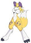  3_toes big_breasts breasts canine claws digimon digitigrade eyes_closed female fox gloves hindpaw lobozamora mammal markings nude paws plain_background raised_arm renamon sitting solo toes white_background 
