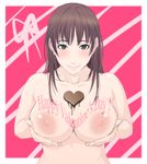  areolae blush breast_lift breasts brown_hair chocolate chocolate_heart english green_eyes heart highres large_breasts long_hair looking_at_viewer nipples nude original shoumaru_(gadget_box) smile solo text_focus valentine 
