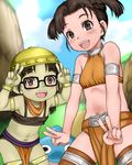  :d armlet bare_shoulders blush bracelet brown_eyes brown_hair character_request cloud collarbone day double_v dragon_quest dragon_quest_x dwarf_(dq10) e10 glasses green_skin hat jewelry loincloth looking_at_viewer multiple_girls navel open_mouth outdoors red_eyes scarf sky slime_(dragon_quest) smile thighhighs v 