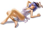  apron bad_id bad_pixiv_id bare_shoulders barefoot blue_hair blush breasts feet full_body hand_behind_head hat hat_removed hat_ribbon headwear_removed kurione_(zassou) legs lying medium_breasts nagae_iku naked_apron on_back purple_hair red_eyes ribbon short_hair simple_background solo touhou white_background 