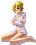  bad_id bad_pixiv_id barefoot blush bottomless breasts covering covering_breasts crossed_arms crying dress_shirt embarrassed full_body green_eyes half_updo kurione_(zassou) medium_breasts mizuhashi_parsee naked_shirt navel pointy_ears shirt short_hair simple_background sitting solo tears touhou wariza white_background 