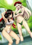  2girls absurdres alleyne alleyne_(queen's_blade) bikini black_hair braid breasts eiwa elf gloves headband highres large_breasts leaf leaf_bikini long_hair multiple_girls open_mouth pointy_ears purple_eyes queen&#039;s_blade queen's_blade sarashi side-tie_bikini side_braid swimsuit tomoe water 