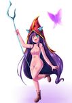  animal_ears body_blush boots breasts cleavage green_eyes hat league_of_legends long_hair lulu_(league_of_legends) navel nipples nude one_eye_closed open_mouth purple_hair pussy solo staff very_long_hair witch_hat xano 