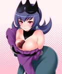  alternate_costume bare_shoulders between_breasts blush breasts chocolate chocolate_heart cleavage earrings elbow_gloves flipped_hair gloves halftone halftone_background heart hizuki_akira jewelry jujube_(pokemon) large_breasts leaning_forward natsume_(pokemon) pokemon pokemon_(game) pokemon_bw2 pokewood purple_hair red_eyes smile solo valentine 