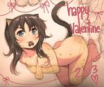  animal_ears bad_id bad_pixiv_id bow cat_ears covering covering_breasts happy_valentine mouth_hold original sketch solo sweat tail tears valentine zpolice 