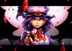  blurry closed_mouth depth_of_field dress hat holysnow letterboxed lips purple_hair reaching red_eyes remilia_scarlet slit_pupils smile solo touhou upper_body 