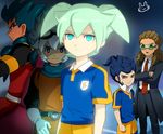  blue_hair brown_hair fei_rune gloves goggles green_eyes green_hair inazuma_eleven_(series) inazuma_eleven_go inazuma_eleven_go_chrono_stone kidou_yuuto lightning_bolt male_focus mizuhara_aki multiple_boys necktie older raimon raimon_soccer_uniform saryuu_evan soccer_uniform sportswear tsurugi_kyousuke yellow_eyes zanak_abalonic 