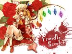  blonde_hair blood blood_splatter bloomers bobby_socks character_name finger_licking flandre_scarlet flower full_body hat hat_ribbon kneehighs licking pinatti red_eyes red_footwear ribbon rose shoes short_hair sitting skirt skirt_set socks solo touhou underwear white_legwear wings wrist_cuffs 