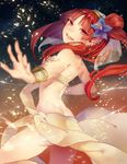  back bad_id bad_pixiv_id blurry blush bracelet depth_of_field flower gunni hair_flower hair_ornament jewelry long_hair looking_back magi_the_labyrinth_of_magic morgiana one_side_up open_mouth red_eyes red_hair smile solo 