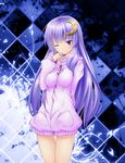  alternate_costume argyle argyle_background bad_id bad_pixiv_id bottomless breasts crescent crescent_hair_ornament hair_ornament hand_on_own_chin large_breasts long_hair long_sleeves naked_sweater no_pants one_eye_closed patchouli_knowledge purple_eyes purple_hair salmon_(saaamon) solo sweater touhou very_long_hair 